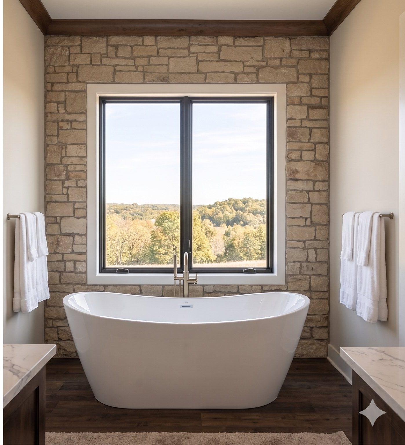 Primary bath with freestanding soaking tub and full-height stone feature wall